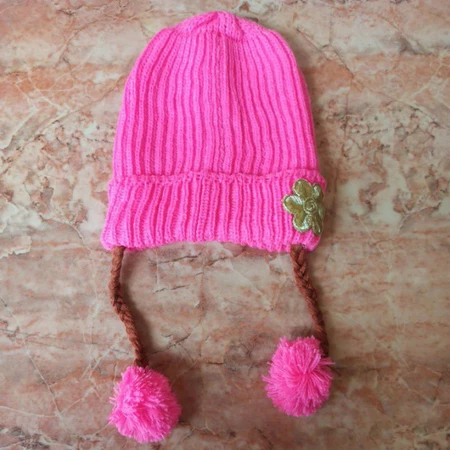 Topi Rajut Kepang Anak Bunga - Pink Peach